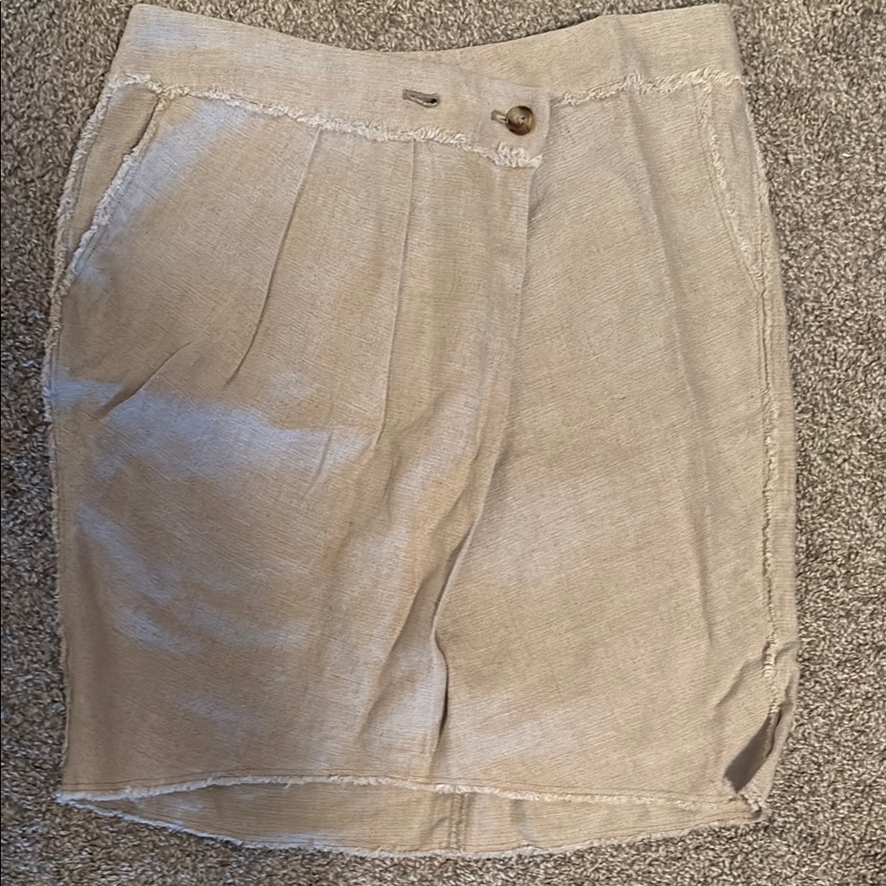 Tan Linen Blend Skirt with Button Detail